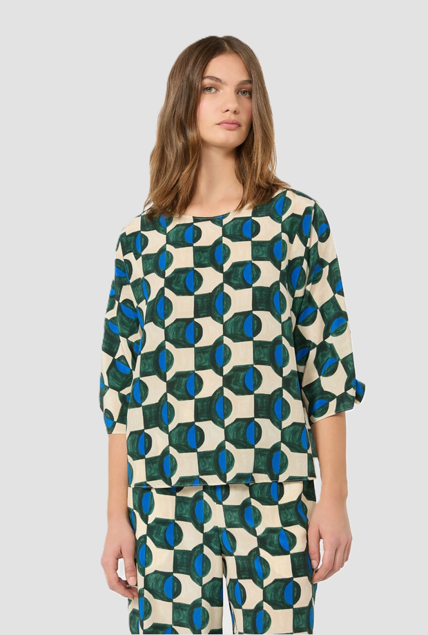 Blusa stampata in seta donna verde scuro 