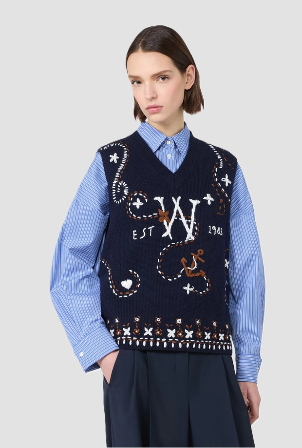 Gilet con ricami in lana donna blu marino 