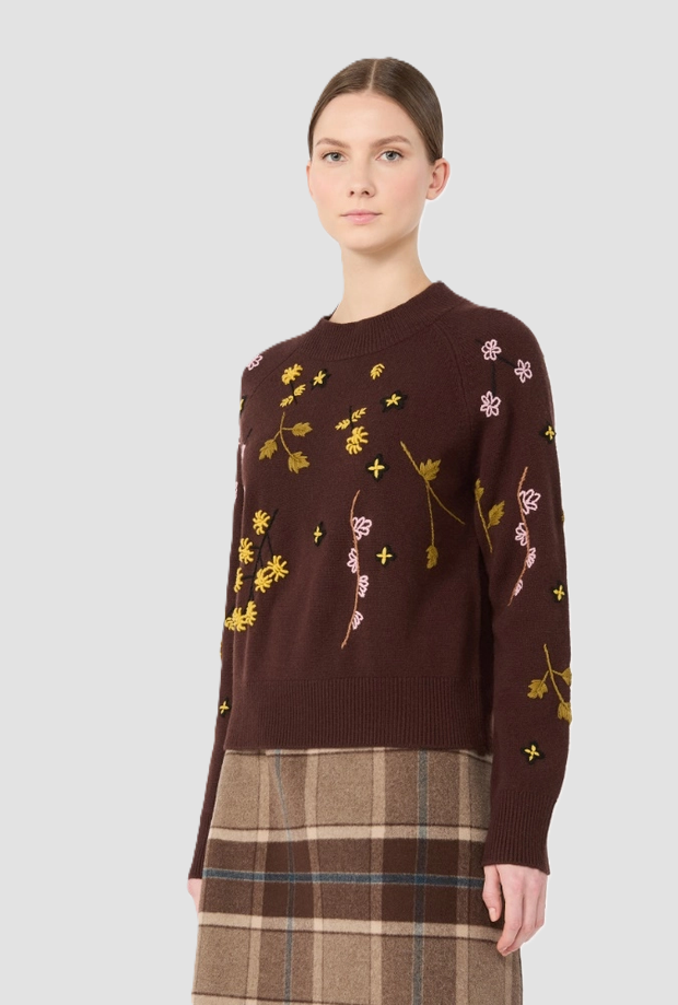 Maglia in lana con ricami donna marrone 