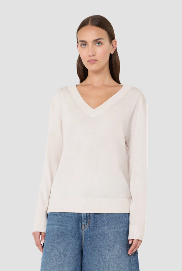 Maglia a V misto lana donna avorio 