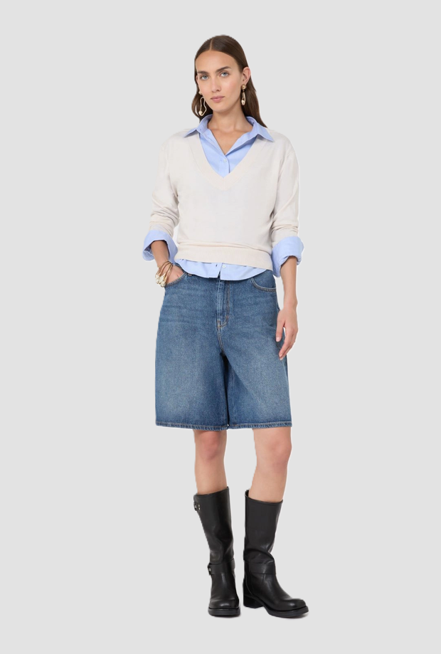 Maglia a V misto lana donna avorio 