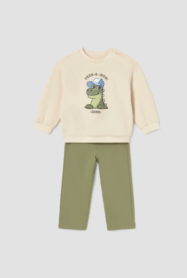 Completo pantalone e felpa bambino panna-verde 