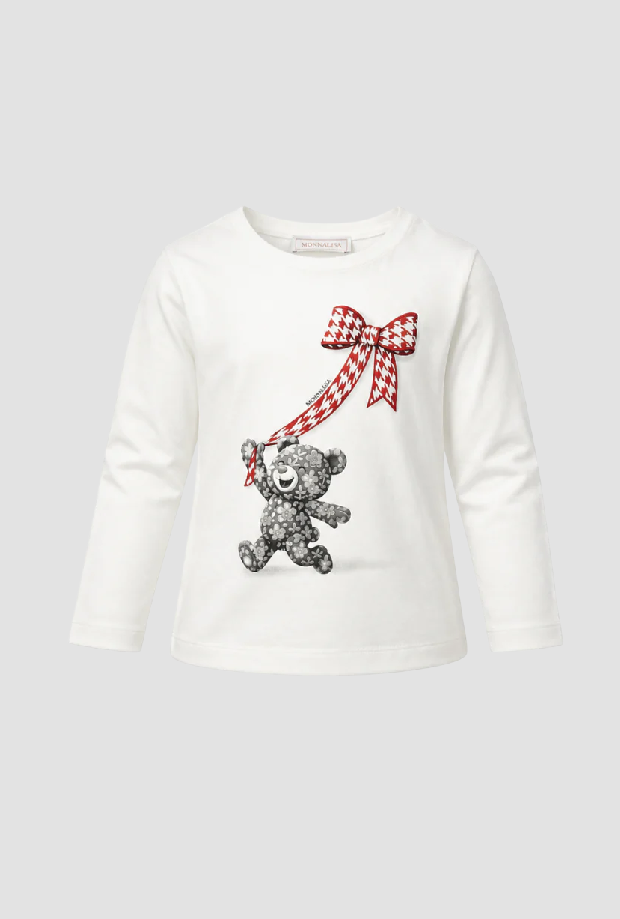 T-shirt con orsetto e fiocco bambina panna-grigio 