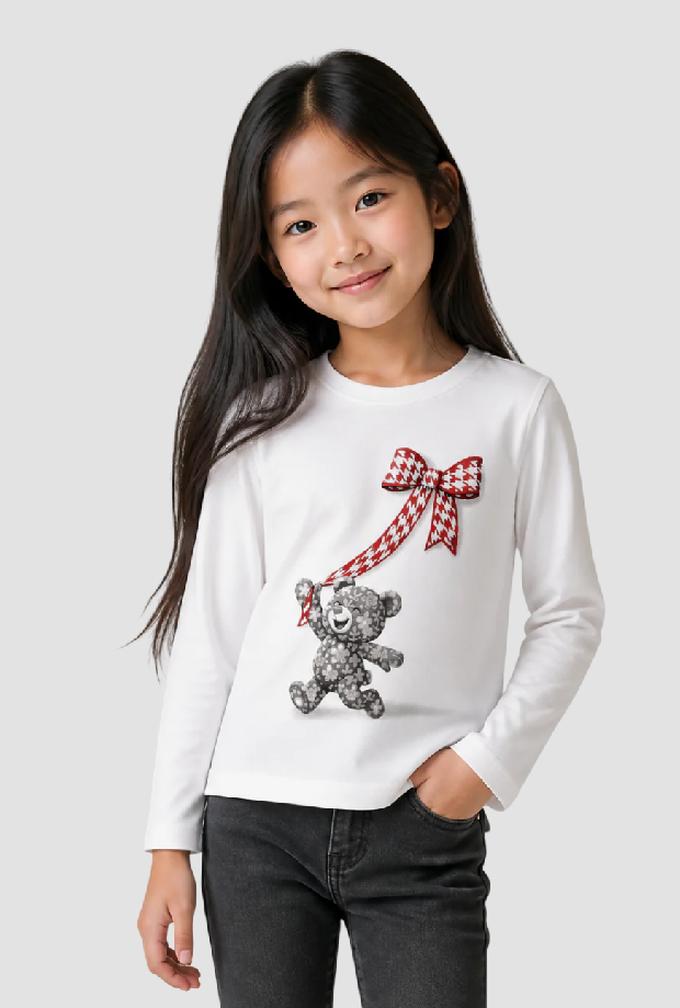 T-shirt con orsetto e fiocco bambina panna-grigio 