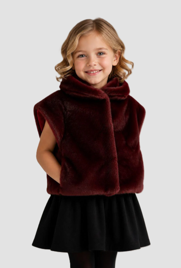 Gilet con cappuccio in ecopelliccia bambina susina 