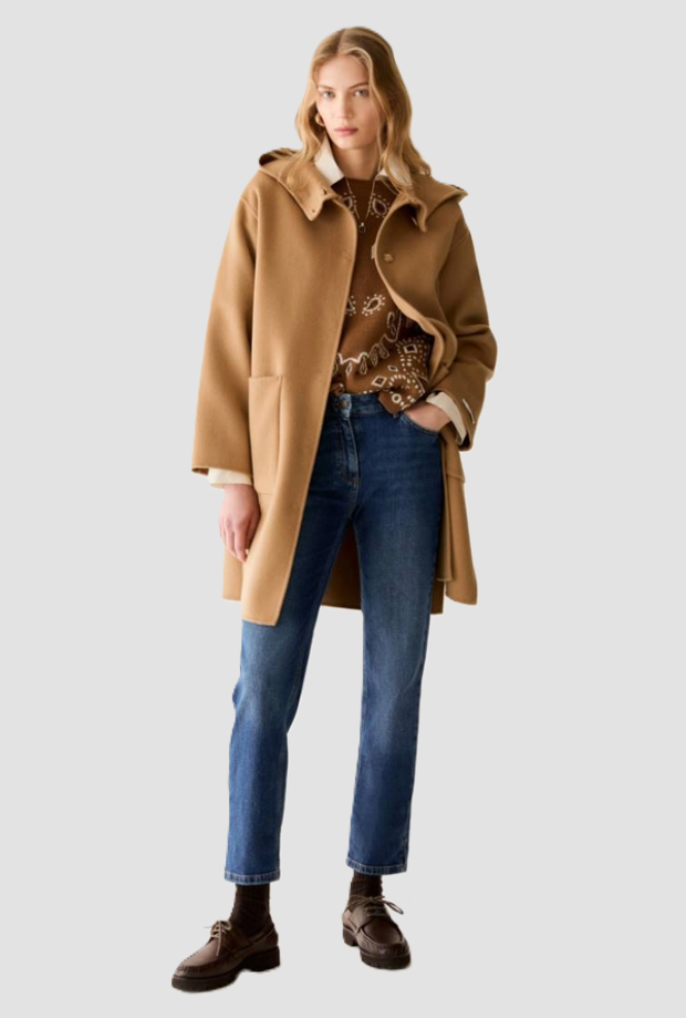 Cappotto con cappuccio donna cammello 