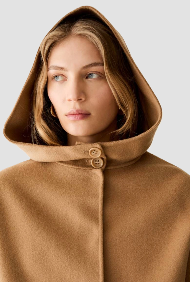 Cappotto con cappuccio donna cammello 