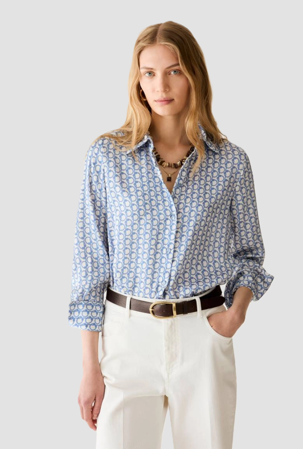 Camicia in raso a fantasia donna bianco-azzurro 