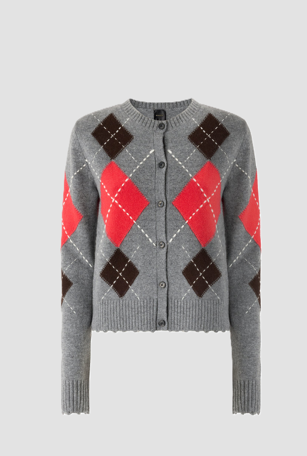 Cardigan girocollo a rombi donna grigio-marrone 