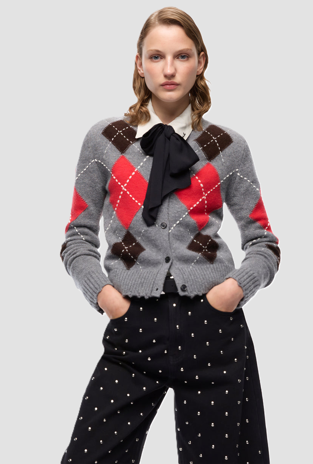 Cardigan girocollo a rombi donna grigio-marrone 