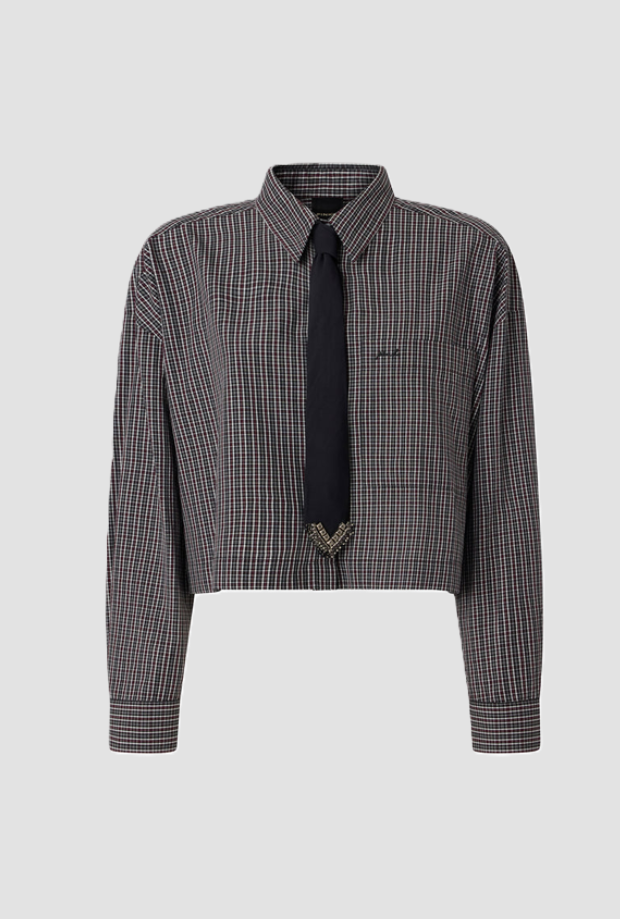 Camicia cropped con cravatta donna grigio 