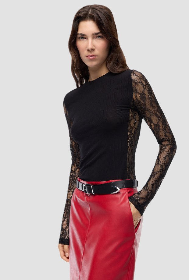 Maglia con maniche in pizzo donna nero 