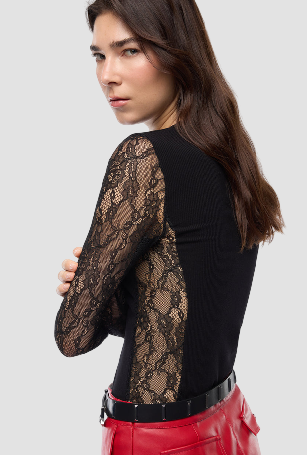Maglia con maniche in pizzo donna nero 