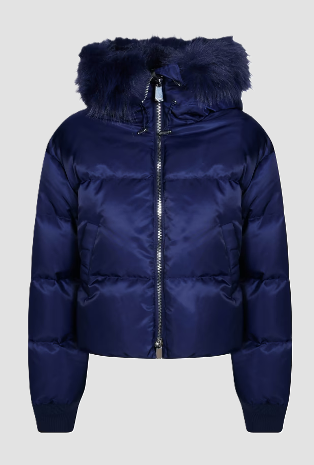 Piumino con cappuccio in pelliccia donna blu 