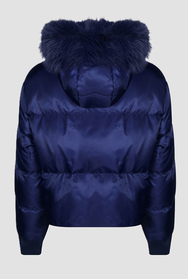 Piumino con cappuccio in pelliccia donna blu 