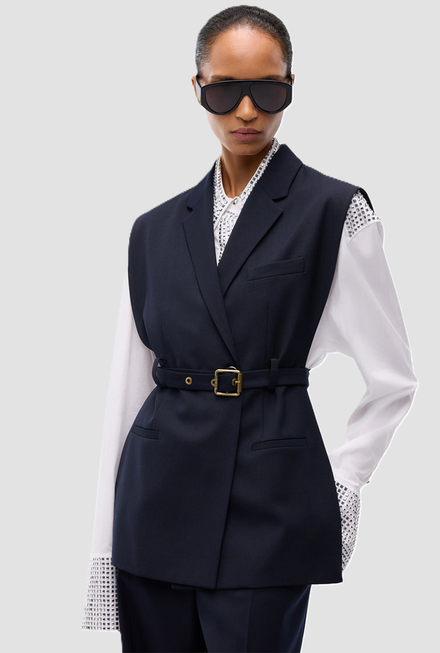 Giacca gilet con cintura donna blu scuro 