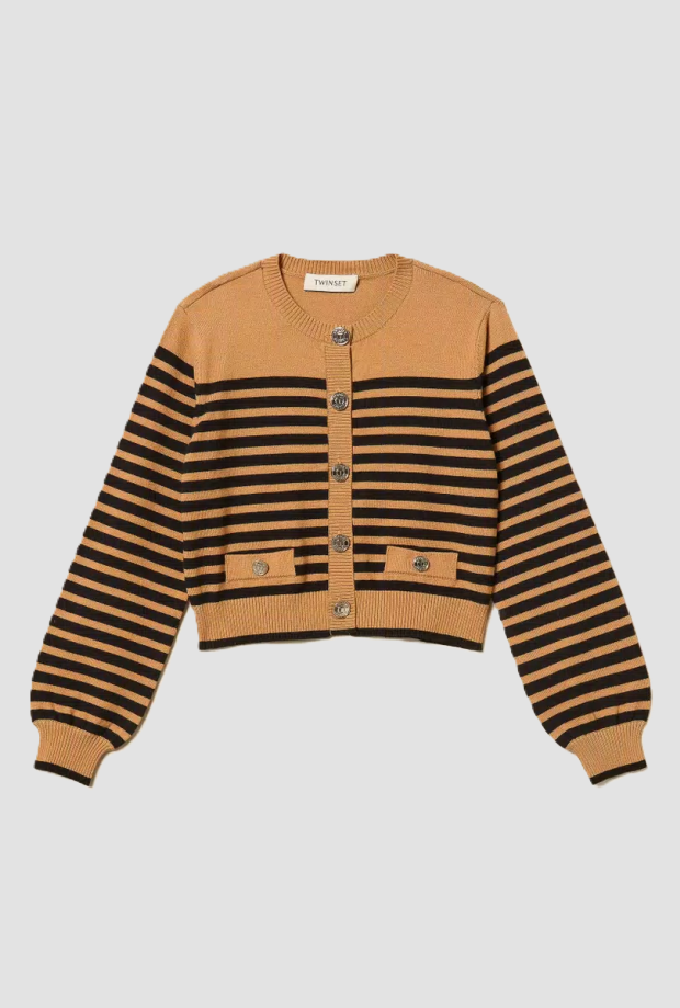 Cardigan in maglia a righe bambina marrone-nero 