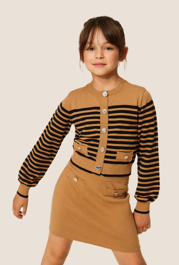 Cardigan in maglia a righe bambina marrone-nero 