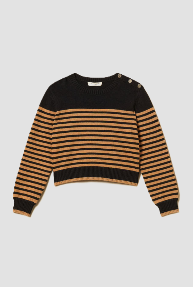 Maglia a righe con bottoni spalla bambina nero-marrone 