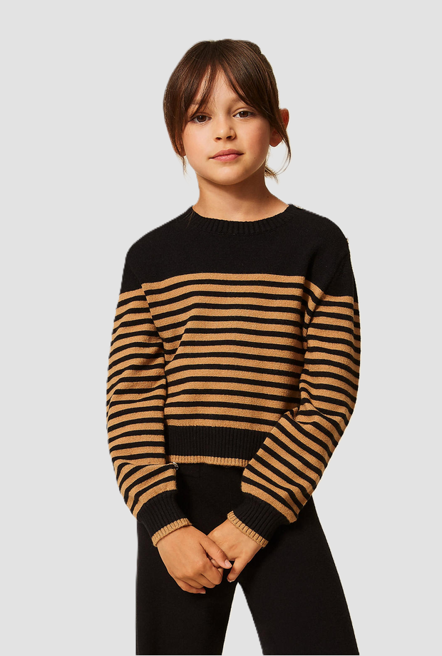 Maglia a righe con bottoni spalla bambina nero-marrone 