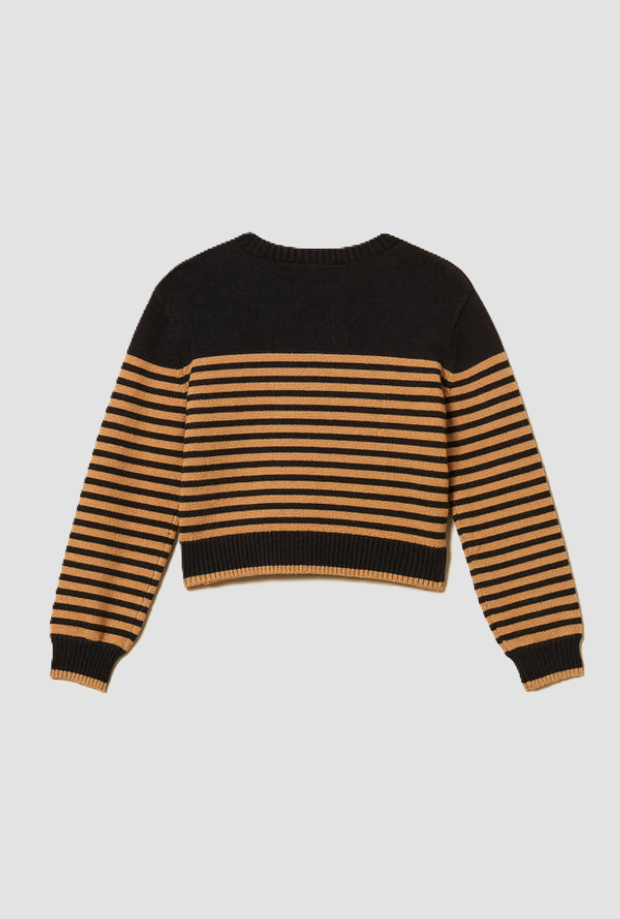 Maglia a righe con bottoni spalla bambina nero-marrone 