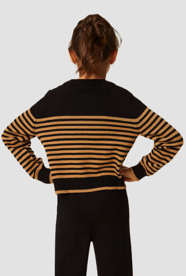 Maglia a righe con bottoni spalla bambina nero-marrone 