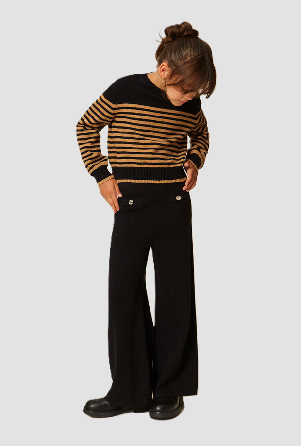 Maglia a righe con bottoni spalla bambina nero-marrone 