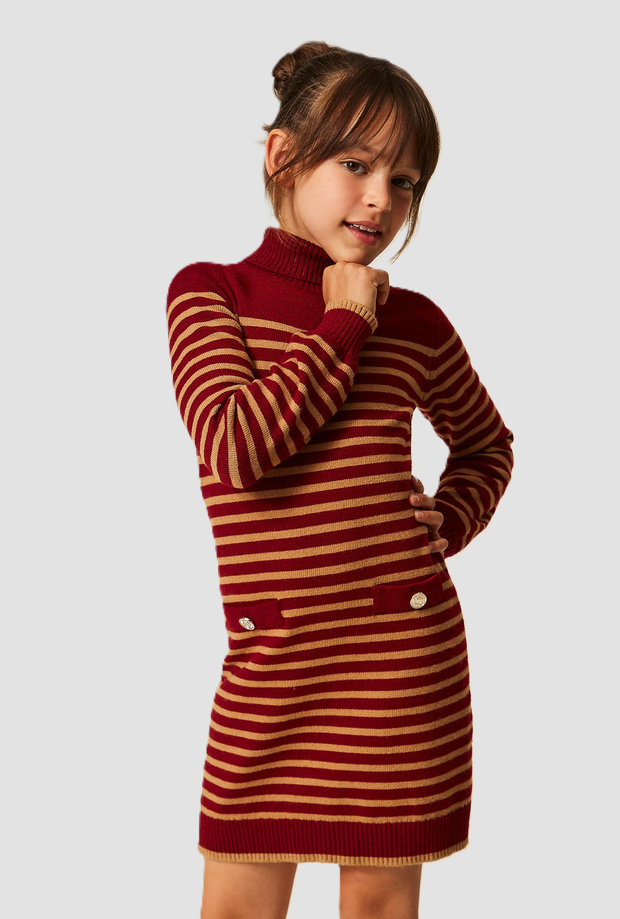 Abito in maglia a righe bambina rosso-marrone 