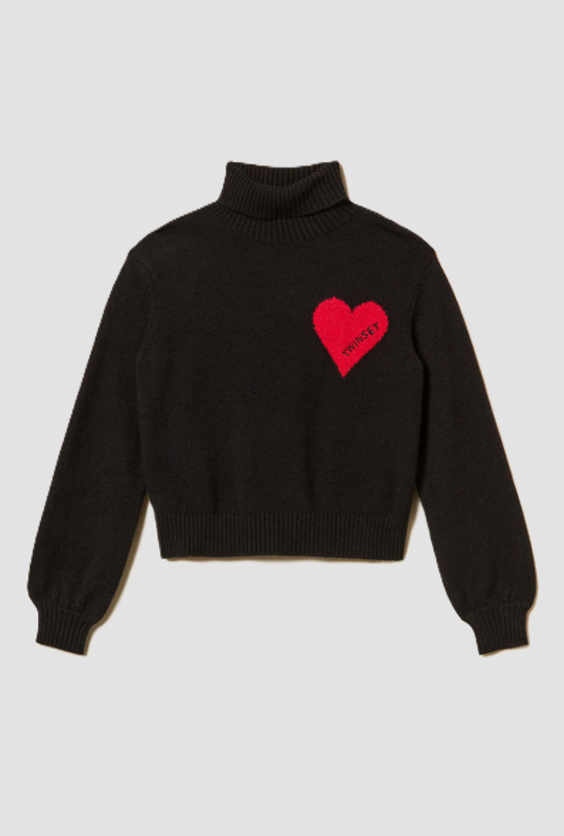 Maglia a lupetto con cuore bambina nero 