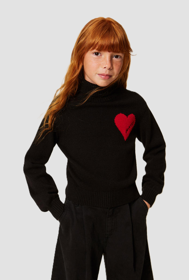 Maglia a lupetto con cuore bambina nero 