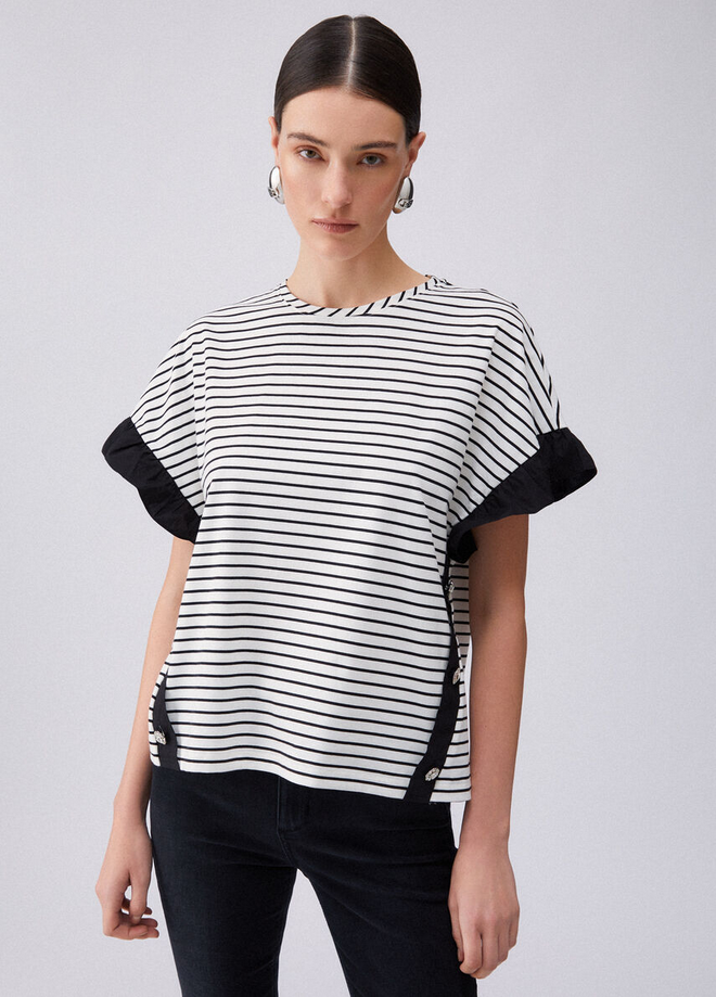 Maglia a righe con bottoni gioiello donna bianco 